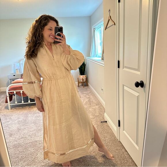 BOTEH Tan Neutral Linen Long Sleeve Eyelet Maxi Dress 1 Medium - Picture 3 of 16